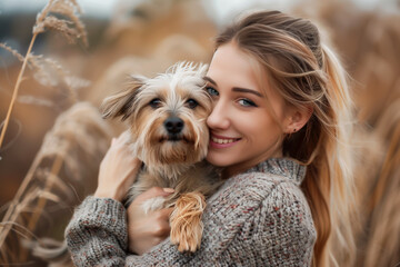 A girl holding a dog in his arms and smiling at the camera while he holds it up to his face - animal photography