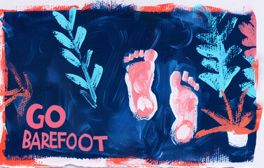 Childish style poster with text go barefoot and footprints.