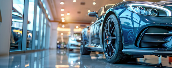 A blue sports car is prominently displayed in a showroom