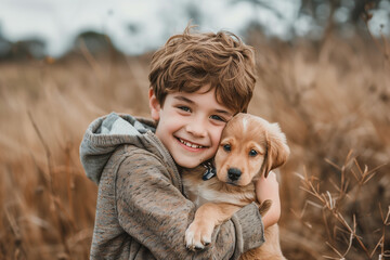 A boy holding a dog in his arms and smiling at the camera while he holds it up to his face, animal photography