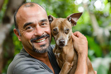 A man holding a dog in his arms and smiling at the camera while he holds it up to his face - animal photography