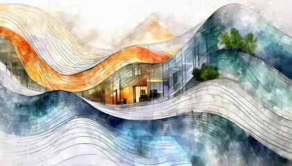 Abstract Waves Dreamscape Metropolis: Watercolor Architectural Forms Dance on a Cloud-Like White Background - obrazy, fototapety, plakaty