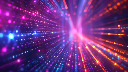 Naklejka premium Abstract neon light background with vibrant pink, yellow, and blue neon lines, creating an intense and dynamic atmosphere reminiscent of particle acceleration. High-speed movement and hyperspace.