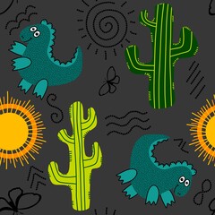 Summer desert seamless dinosaur animals cactus and sun pattern for wrapping paper and fabrics and linens