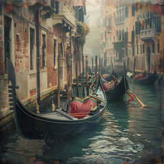 Fototapeta na wymiar Misty Morning in Venice with Gondolas on Serene Canals