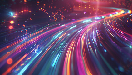 Fototapeta premium Abstract neon light background with vibrant pink, yellow, and blue neon lines, creating an intense and dynamic atmosphere reminiscent of particle acceleration. High-speed movement and hyperspace.