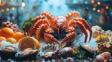 Deurstickers showcase with seafood, fish, octopus, crabs, squid, langoustines, beautiful studio light, food, restaurant, shop, ice, fresh, tasty, dish, meal, market © Julia Zarubina