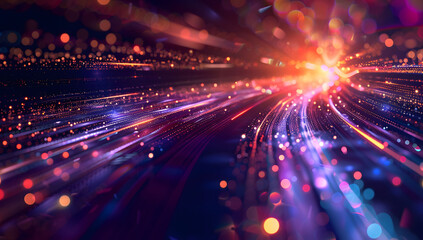 Fototapeta premium Abstract neon light background with vibrant pink, yellow, and blue neon lines, creating an intense and dynamic atmosphere reminiscent of particle acceleration. High-speed movement and hyperspace.