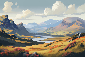 Highlands, Scotland travel poster with spectacular view of hills, lochs, moor. Ai generated image