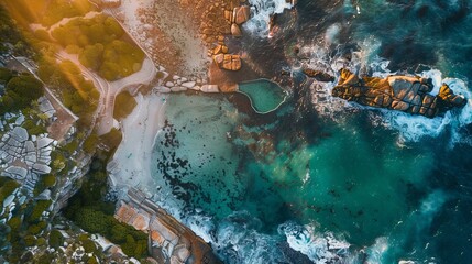 A stunning aerial photo of Maiden's Cove Tidal Pool at sunset, with Camps Bay in the background, Cape Town, South Africa.