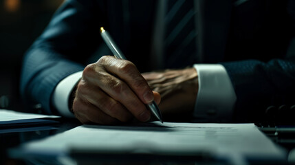 Hands of a businessman in detail signing a document - obrazy, fototapety, plakaty