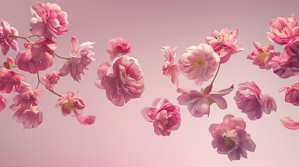 A stunning image of vibrant pink spring flowers floating against a light pink backdrop. The concept of levitation creates a sense of magic and surrealism. High-quality, high-resolution image.