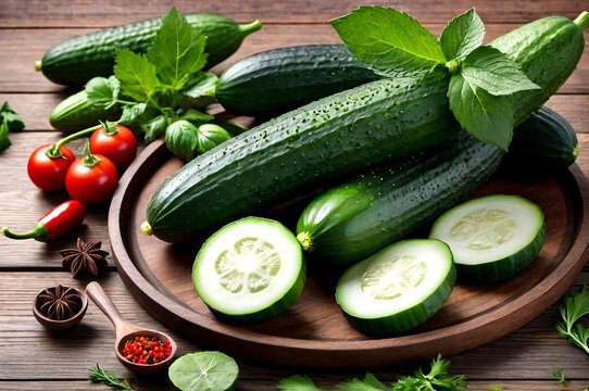 Fresh cucumber, herbs, spices on wooden table, still life. Kitchen vegetables poster, banner, food wallpaper. Cooking backdrop, home cuisine concept. Copy ad text space. Generative Ai illustration