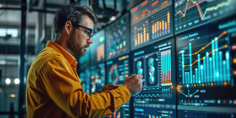 A engineer analyzes complex data on a high-tech digital interface in a network server room.