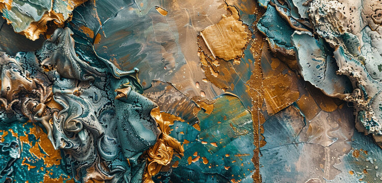 : A high-definition photograph capturing the vibrant energy of an abstract art piece, featuring heavy textiles and palette painting in azure and copper tones.
