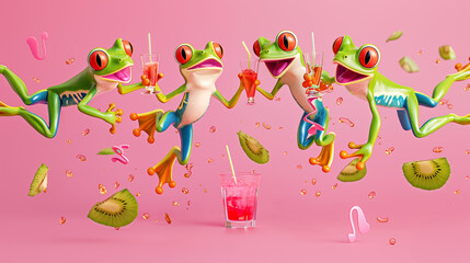 funny frogs familiy jumpe with drinks in hand, summer concept, illustration