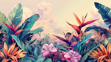 Fototapeta na wymiar Tropical background. Exotic Landscape, Hand Drawn Design. Luxury Wall Mural. Leaf and Flowers Wallpaper.