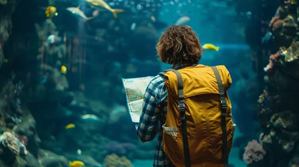 Fototapeten A yellow backpack and a map against a blue aquarium background. A tourist is visiting Barcelona's ocean museum. © Suleyman