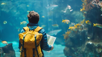 A yellow backpack and a map against a blue aquarium background. A tourist is visiting Barcelona's...