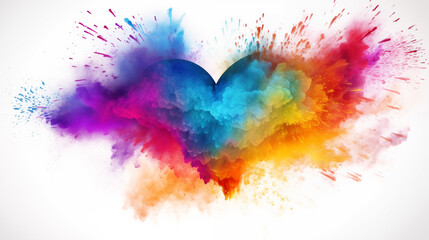 Vibrant color explosion powder shape as heart, white background.