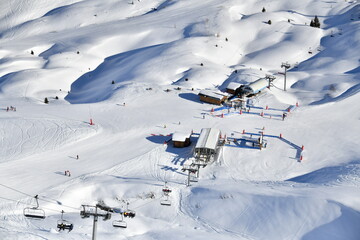 Ski station from Courchevel ski resort by winter  - obrazy, fototapety, plakaty