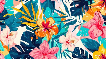 Bright and cheerful tropical flower design.  A modern seamless pattern featuring abstract botanical elements. One-of-a-kind, hand-drawn artwork. - obrazy, fototapety, plakaty