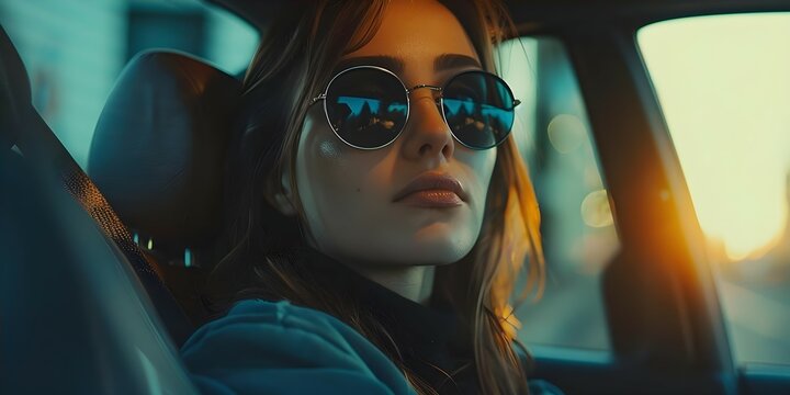 Woman in sunglasses sitting in the backseat of a car, wearing a seatbelt and enjoying the view out the window during travel. Concept Travel, Car ride, Sunglasses, Woman, Seatbelt, Window view