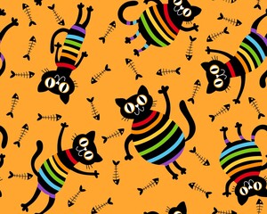 Cartoon black cats seamless rainbow lgbt stripes pattern for wrapping paper and fabrics and linens and clothes and pride