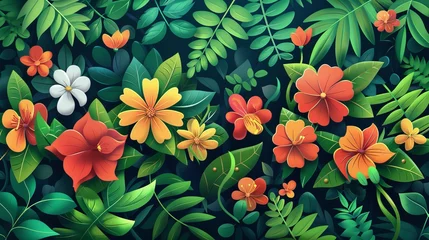 Tuinposter Artistic arrangement of flowers and leaves, ideal for greeting cards with spring themes. The vibrant background provides ample space for personalized messages in a trendy and nature-inspired design. © Suleyman