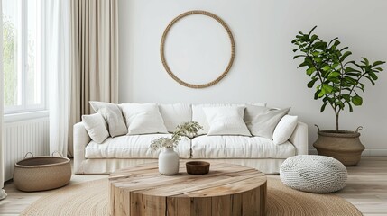 Scandinavian home interior design of modern living room, round wood coffee table against white sofa