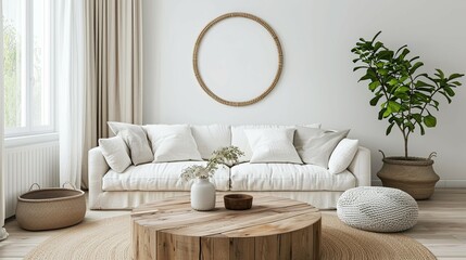 Naklejka premium Scandinavian home interior design of modern living room, round wood coffee table against white sofa
