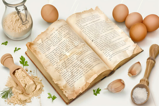 A book is open to a page with a recipe for eggs