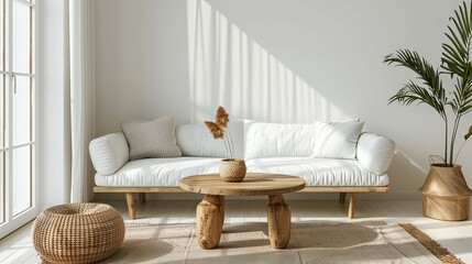 Scandinavian home interior design of modern living room, round wood coffee table against white sofa