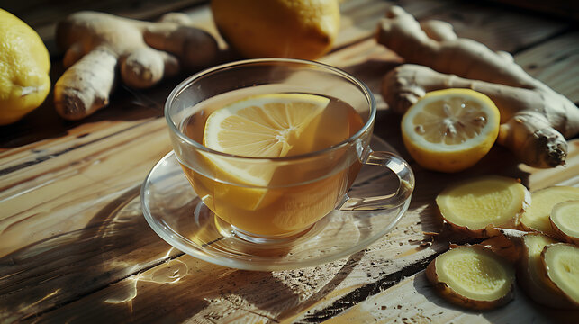 The image depicts a refreshing cup of ginger tea.