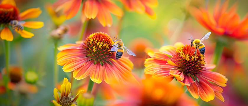 The image depicts a vibrant scene where bees are actively pollinating bright orange and yellow flowers.