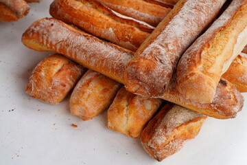 View of crusty French baguette bread loaves