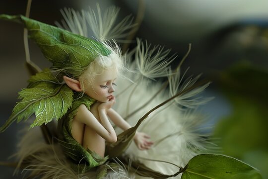 an adorable tiny elf is sitting inside a  dandelion in seed 