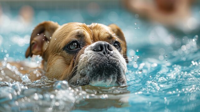 A plump dog joyfully participating in a swimming session in a dog-friendly pool, adorned with Canine Fitness Month banners, showcasing the fun of aquatic exercises for canine weight loss