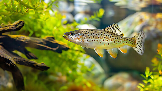 The image depicts a spotted fish swimming in clear water.