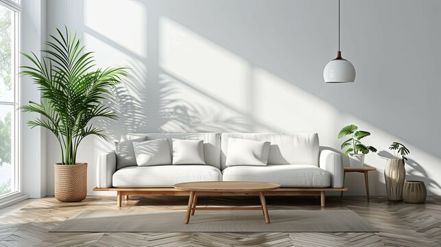 Scandinavian home interior design of modern living room, round wood coffee table against white sofa