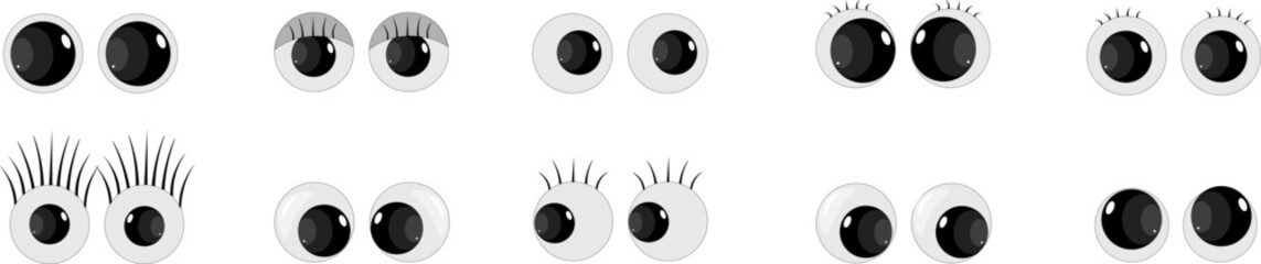A set of plastic toy eyes. Glossy, bulging, puppet eyes. Cute, round, vector, isolated elements. Look down, up, left, right. Different, shaking, silly, hilarious pairs of eyeballs. Vector illustration - obrazy, fototapety, plakaty