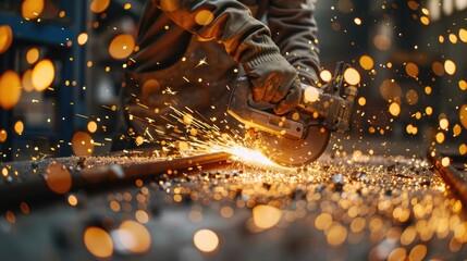 A craftsman in a workshop uses a grinder to cut metal, sending showers of sparks flying in the sunlight - obrazy, fototapety, plakaty