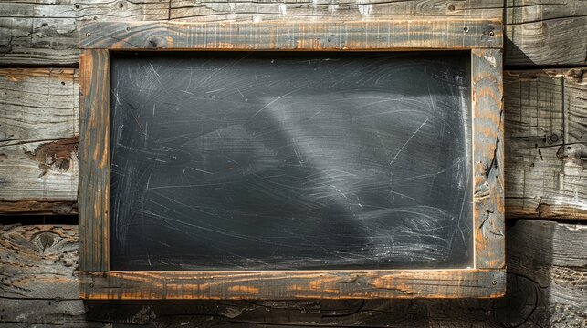 A blank blackboard with a rustic wooden frame, isolated as a cut-out image and illuminated by sunlight