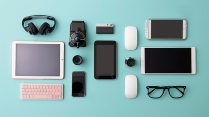 Various contemporary gadgets against a colored backdrop