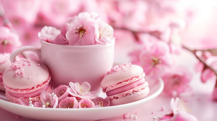 pink macaroons with pink frosting, pink flowers, a pink cup and a pink plate, pink food wallpaper, red wallpaper, pink wallpaper, blurred bokeh background, springtime, lifestyle