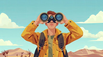Man gazing far ahead through large binoculars, searching for something. Someone is keeping a close eye on someone. Boy has field glasses on when he travels. Vector illustration 