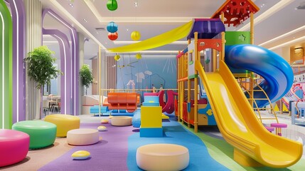 Contemporary indoor playground for kids. vibrant indoor kindergarten slide space.