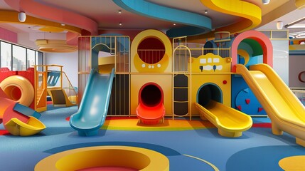 Contemporary indoor playground for kids. vibrant indoor kindergarten slide space.