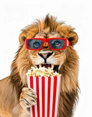 Lion with Popcorn Enjoying Movie Time in Red Glasses. Generative ai