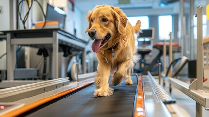 A therapy dog walking on a specially designed low-speed treadmill, surrounded by Canine Fitness Month supportive messages, to cater to dogs with special physical rehabilitation needs
